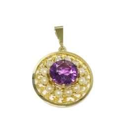Ronde 14 Karaat Gouden Hanger Zaadpareltjes / Briljant Geslepen Amethyst