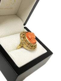 Handvervaardigd Antiek Gouden Ring Bloedkoraal Camee - Amsterdam / ca 1947