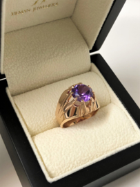 Antiek 14 K Rosé Gouden Solitair Ring Briljantgeslepen Paars Saffier