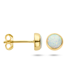 14 K Geelgouden Oorstekers Cabochon Wit Opaliet - 6 mm