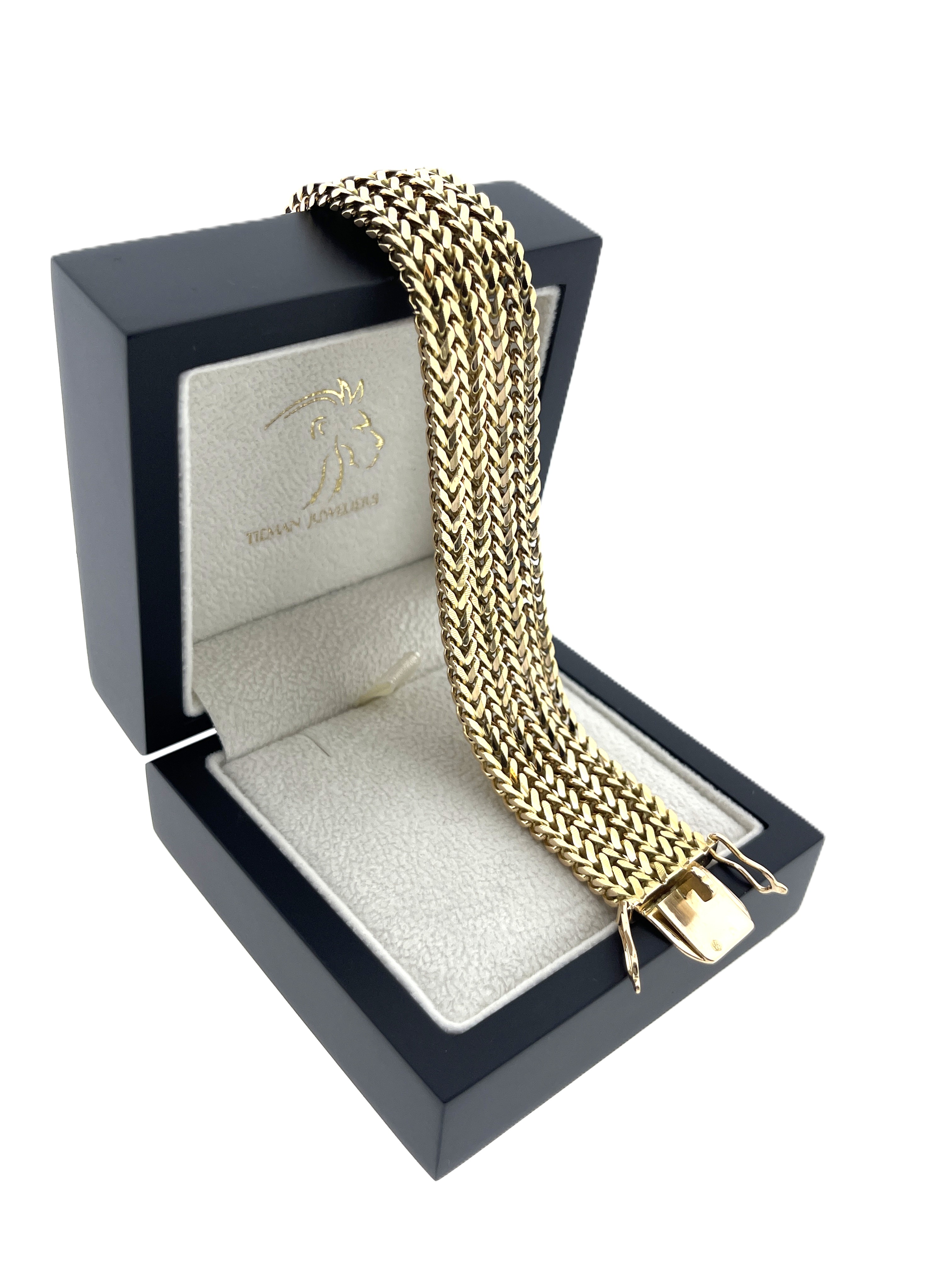 18 Karaat Gouden 4-Rijige Vierkante Gourmet Schakel Armband (Flexibel) - 19 cm / 1.7 cm / 3.5 x 3 mm (4x)