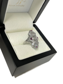 Art Deco Witgouden Prinsessen Ring 0.65 ct Diamant / Robijn - Jaren 30