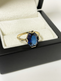 Antiek Handgemaakt 14 K Gouden Ring Ovaal Geslepen Blauw Saffier