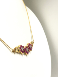 14 K Gouden Fantasie Schakel Collier Rozet Hanger Robijn / Diamant - 45 cm
