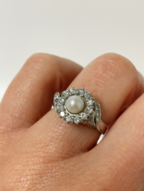 18 K Witgouden Rozet Ring 0.50 Crt Briljant Geslepen Diamant / Parel