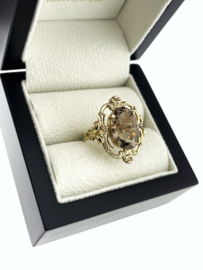 Vintage Gouden Dames Ring Ovaal Gefacetteerde Rookkwarts