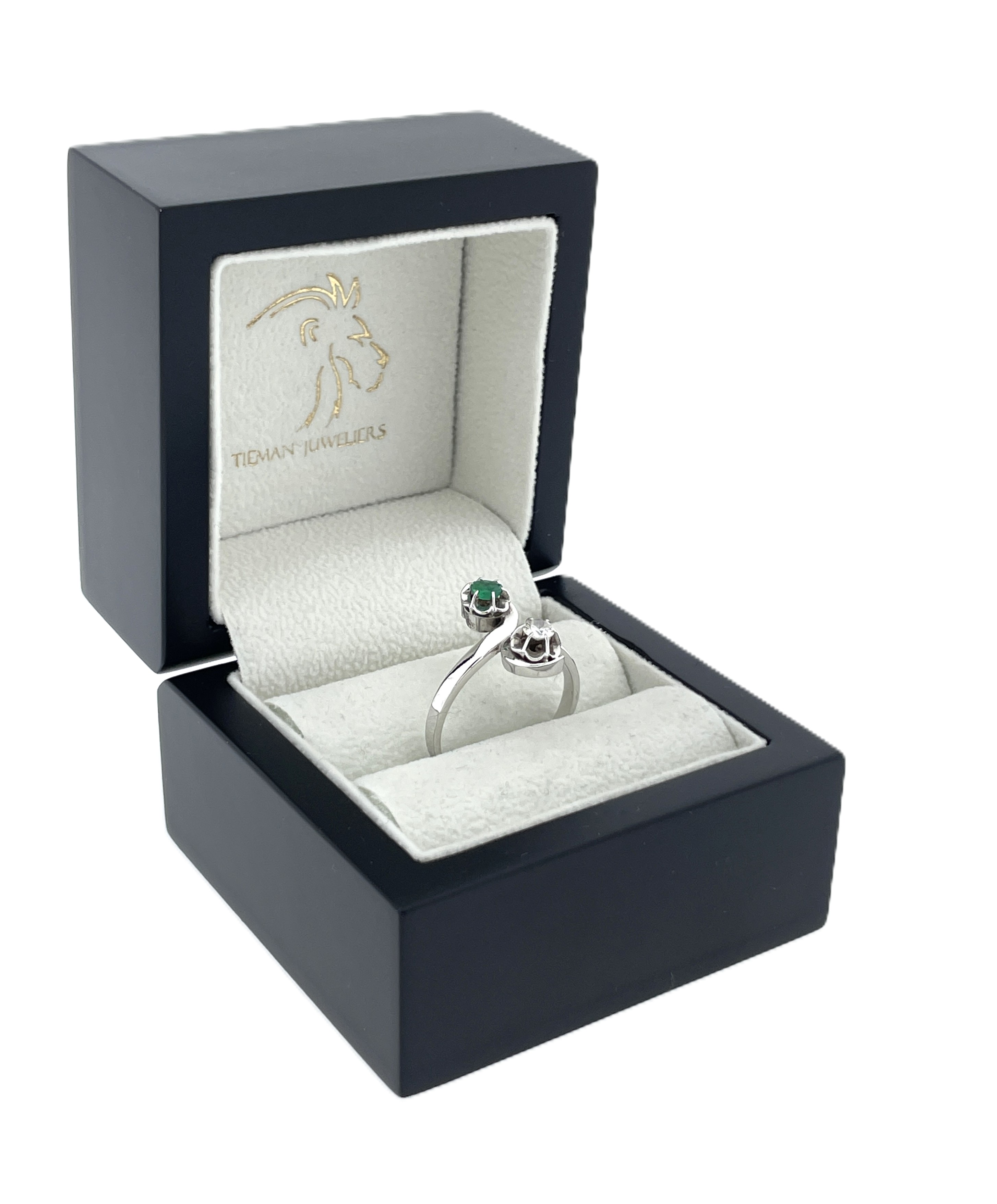 14 Karaat Witgouden Slagring 0.20 ct Briljant Geslepen Diamant / Smaragd