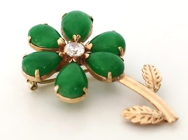 Antiek  Gouden Bloem Broche Jade / Briljantgeslepen Zirkonia