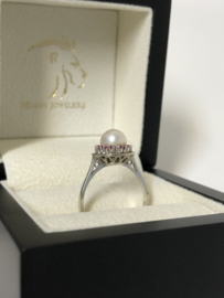 Antiek 14 Karaat Witgouden Rozet Ring Parel / Robijn