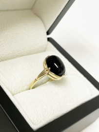 Antiek 14 K Gouden Ring Cabochon Ovaal Geslepen Obsidiaan
