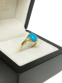 Vintage 14 K Gouden Dames Ring Cabochon Blauwe Ovaal Turkoois