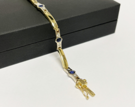 14 K Bicolor Gouden Schakel Armband Saffier / Diamant - 18 cm / 12,83 g