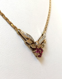 14 K Gouden Schakelcollier Vaste V-hanger Robijn Diamant