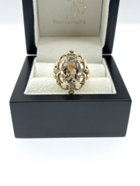 Vintage Gouden Dames Ring Ovaal Gefacetteerde Rookkwarts