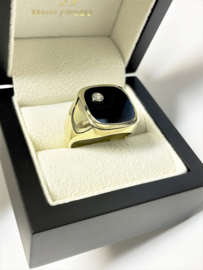 14 K Gouden Heren Zegelring Onyx / Briljant Geslepen Diamant - 11,1 g