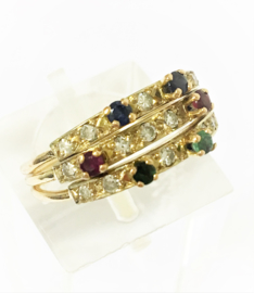 18 K Gouden 3-Band Ring 0.30 crt Diamant Robijn Saffier Smaragd