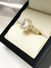 14 K Gouden Solitair Dames Ring Emerald Cut Cubic Zirkonia