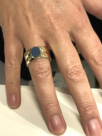 Massief Gouden Dubbele Bandring Ovale Blauwe Lagensteen - 12.2 g / 11 mm