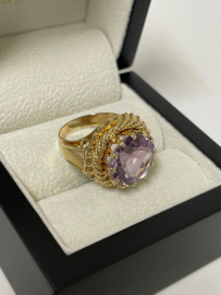 Grote 18 K Gouden Solitair Cocktail Ring ca 9 crt Briljant Geslepen Amethyst