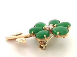 Antiek  Gouden Bloem Broche Jade / Briljantgeslepen Zirkonia