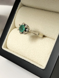 Antiek 14 K Witgouden Rozet Ring Natuurlijk Smaragd / Diamant