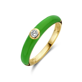 14 Karaat Geelgouden Bandring Groen Emaille 0.10 ct Briljant Geslepen Diamant