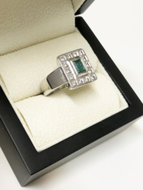 Art Deco 18 K Massief Gouden Ring Smaragd / 0.70 Crt Diamant - H/VS2