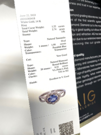 14 K Witgouden Dames Ring Tanzaniet / Briljant Geslepen Diamant Incl AIG Certificaat