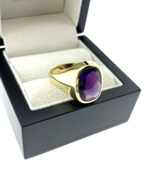 Massief Gouden Heren Ring Zegelring Signet Antiek Bufftop Geslepen Amethyst - 13.8 g