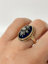 Antiek 14 K Gouden Ring Blauw Glas / Roos Geslepen Diamant