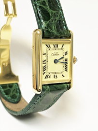 Must de Cartier Tank Quartz Roman Dial Dames Polshorloge Goud / Croco Groen