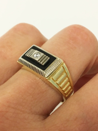 14 K Bicolor Gouden Heren Ring Onyx / Briljantgeslepen Zirkonia - 7,7 g