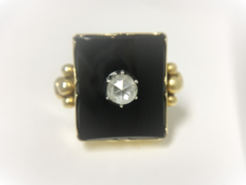 14 K Antiek Gouden Dames Zegelring - Onyx / Roosdiamant