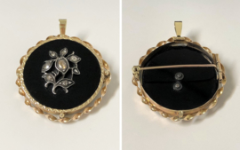 14 K Antiek Gouden Broche / Hanger - Onyx Roosgeslepen Diamant 3,8 cm