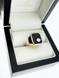 14 K Gouden Heren Zegelring Onyx / Diamant Model 8-Kant