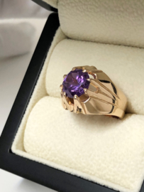Antiek 14 K Rosé Gouden Solitair Ring Briljantgeslepen Paars Saffier