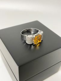 Antiek Handvervaardigd 18 K Witgouden Dames Ring Citrien / Diamant