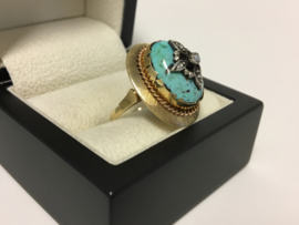 Grote Antiek Gouden Entourage Ring Turkoois / Roosgeslepen Diamant