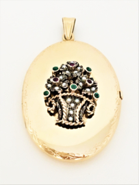 14 K Antiek Gouden Medaillon Hanger met Smaragd Robijn en Zaadpareltjes