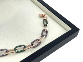 Rosé Geplateerd Zilveren Schakelarmband Kleursteentjes -18 cm