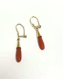 14 K Antiek Gouden Oorhangers Druppelvormig Bloedkoraal - 4,5 cm