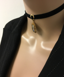 Fluwelen Choker met Antieke Hanger - Schilder Emaille / Diamant