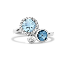 14 K Witgouden Ring London Blue Topaas, Sky Blue Topaas, Diamant