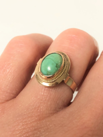 Antiek 14 K Rosé Gouden Ring Ovaal Cabochon Groen Turkoois
