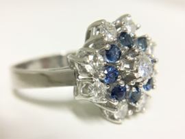Exclusieve 14 K Witgouden Rozet Ring 0.9 crt Diamant / 0.4 crt Saffier