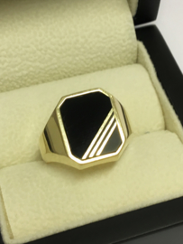 14 K Gouden Heren Zegelring (8-kant) Zwarte / Grijze Onyx