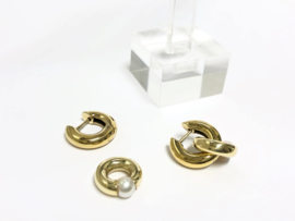 14 K Gouden Oorhangers Creolen Zoetwater Parel - Dubbele Ring