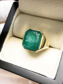 14 K Gouden Heren Zegelring Groen Agaat Intaglio Griekse Strijder