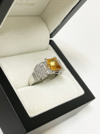 Antiek Handvervaardigd 18 K Witgouden Dames Ring Citrien / Diamant