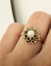 14 K Antiek Bicolor Gouden Rozet Ring Cultivé Parel